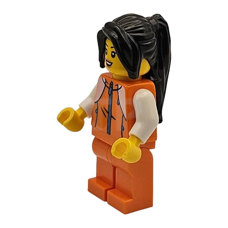 LEGO&reg; hol266 Vrouw, oranje trainingspak, lang zwart haar