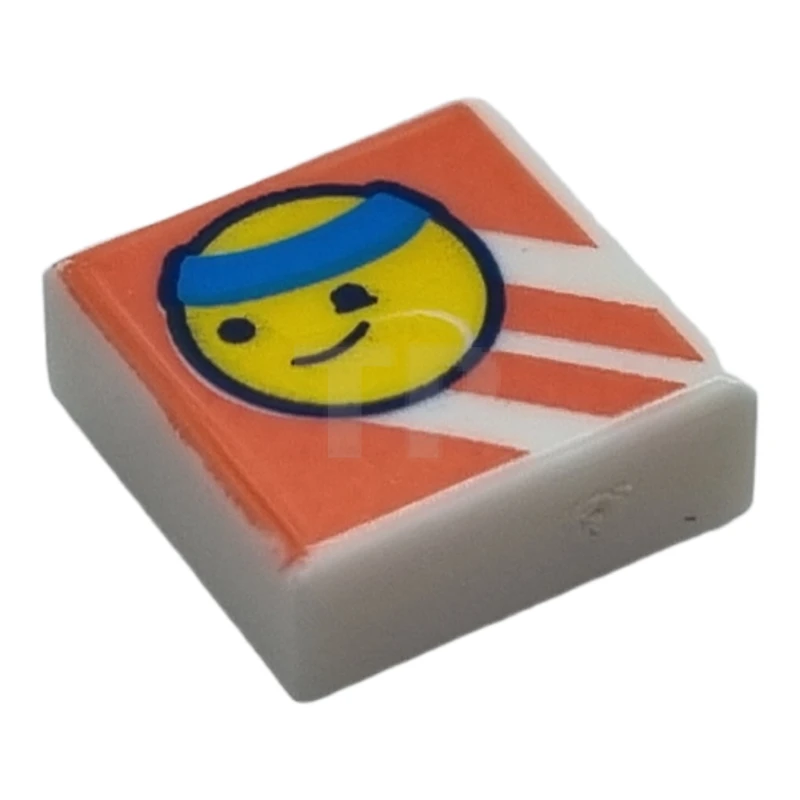 LEGO&reg;  - 3070pb246 - Tile 1 x 1 with Groove with Yellow Tennis Ball with Face and Dark Azure Headband on Coral Background with Diagonal Stripes Pattern