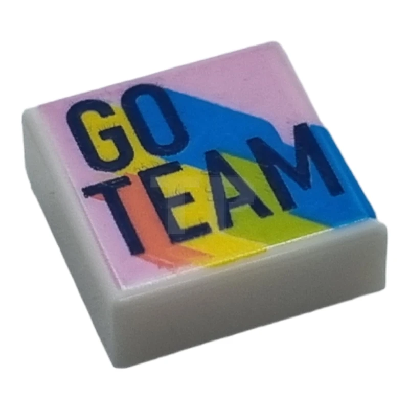 LEGO&reg;  - 3070pb248 - Tile 1 x 1 with Groove with Dark Blue 'GO TEAM' on Bright Pink and Rainbow Background Pattern