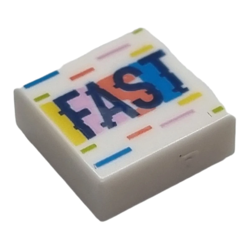 LEGO&reg;  - 3070pb249 - Tile 1 x 1 with Groove with Dark Blue 'FAST' with Yellow, Bright Pink, Coral, Dark Azure, and Lime Lines and Background Pattern