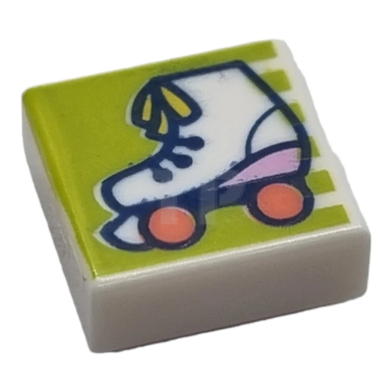 LEGO&reg;  - 3070pb238 - Tile 1 x 1 with Groove with Roller Skate with Yellow Laces, Bright Pink Heel, and Coral Wheels on Lime Background with Stripes Pattern