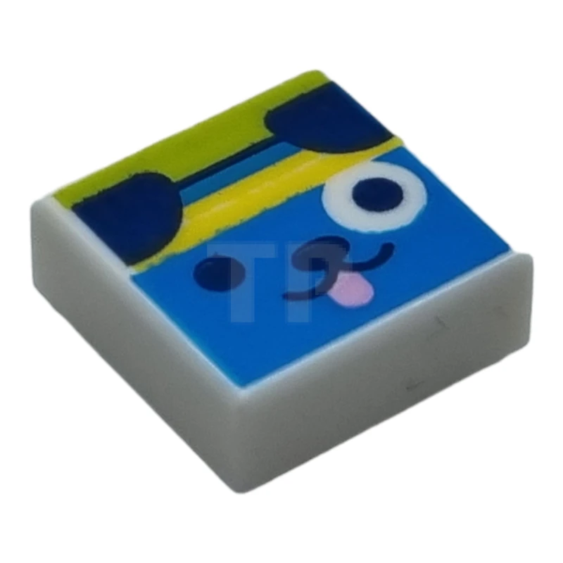 LEGO&reg;  - 3070pb240 - Tile 1 x 1 with Groove with Dark Azure Dog Face with Eye Circle, Bright Pink Tongue, Yellow Headband, and Dark Blue Ears on Lime Background Pattern