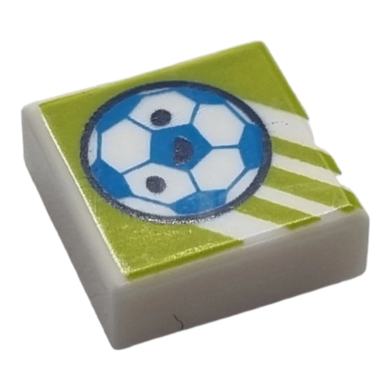 LEGO&reg;  - 3070pb243 - Tile 1 x 1 with Groove with Dark Azure and White Soccer Ball (Football) with Face on Lime Background with Diagonal Stripes Pattern