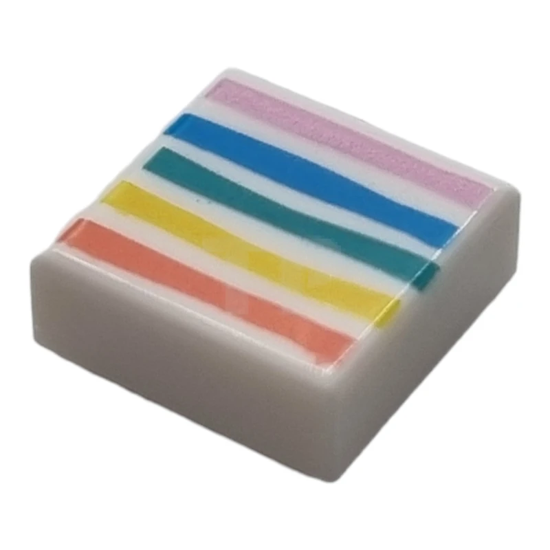 LEGO&reg; 6302705 - 3070pb236 - Tile 1 x 1 with Groove with Coral, Yellow, Dark Turquoise, Dark Azure, and Bright Pink Rainbow Stripes Pattern