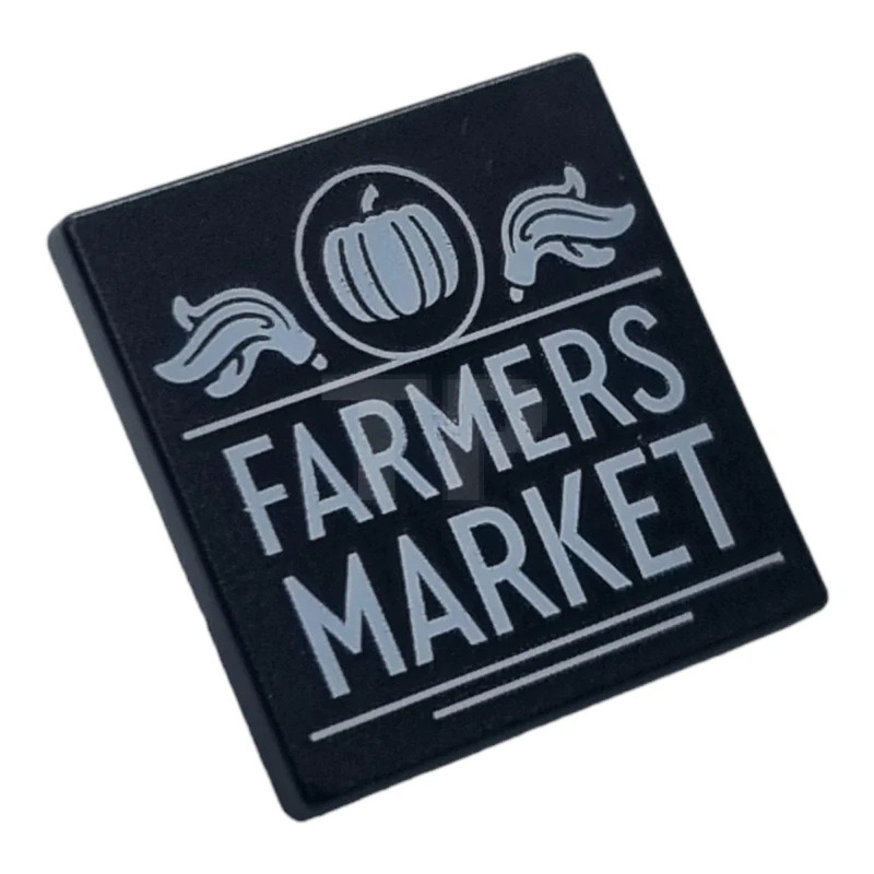 LEGO&reg; 6446287 - 15210pb143 - Road Sign 2 x 2 Square with Open O Clip with White Pumpkin, Plumes, and 'FARMER'S MARKET' Pattern