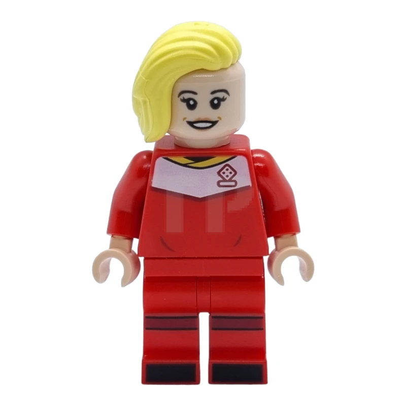 LEGO&reg; idea131 Jugadora de fútbol, mujer, uniforme rojo, piel turquesa clara, pelo amarillo claro brillante peinado hacia atrás