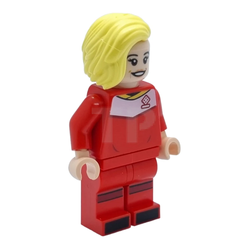 LEGO&reg; idea131 Jugadora de fútbol, mujer, uniforme rojo, piel turquesa clara, pelo amarillo claro brillante peinado hacia atrás