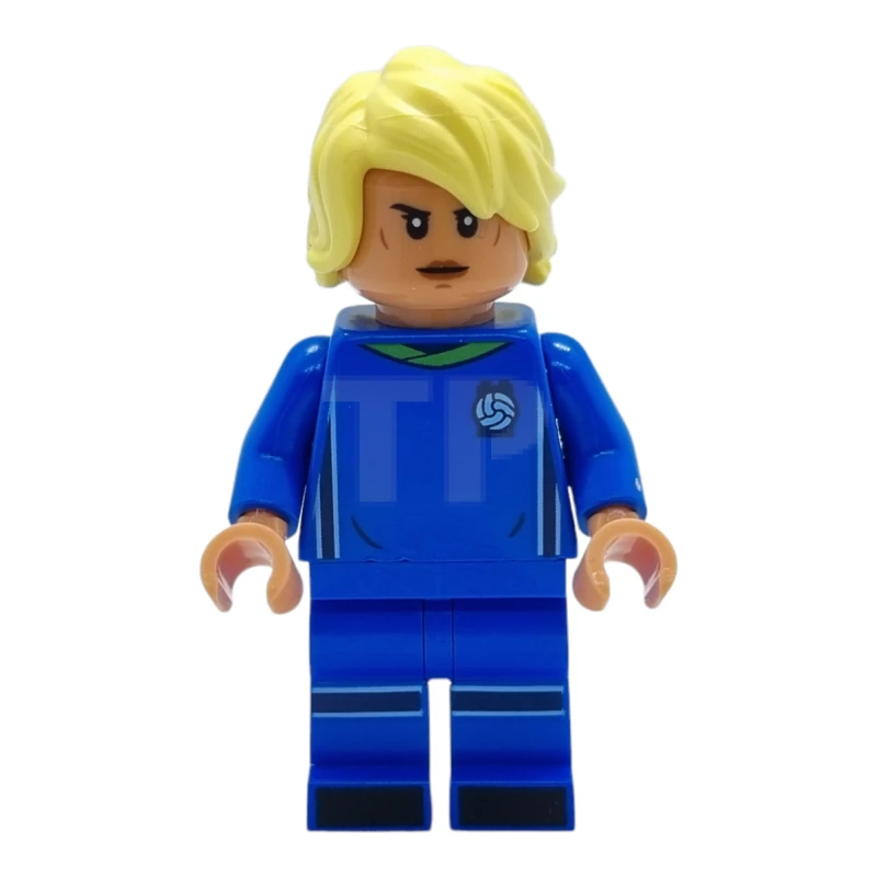 LEGO&reg; idea134 Giocatrice di calcio, femmina, uniforme blu, pelle color torrone, capelli giallo chiaro brillante