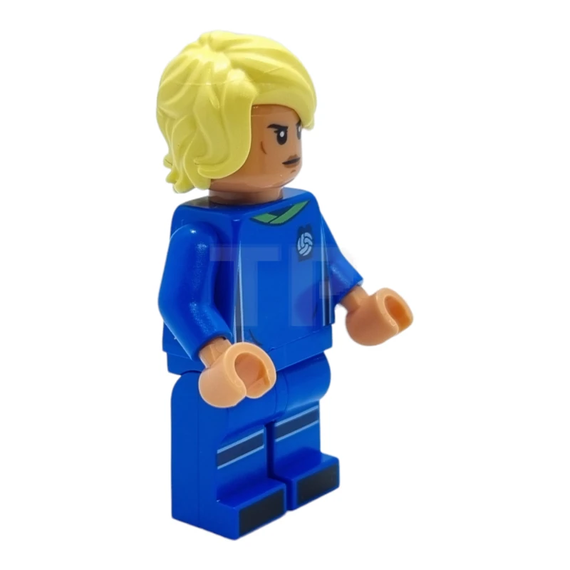 LEGO&reg; idea134 Giocatrice di calcio, femmina, uniforme blu, pelle color torrone, capelli giallo chiaro brillante