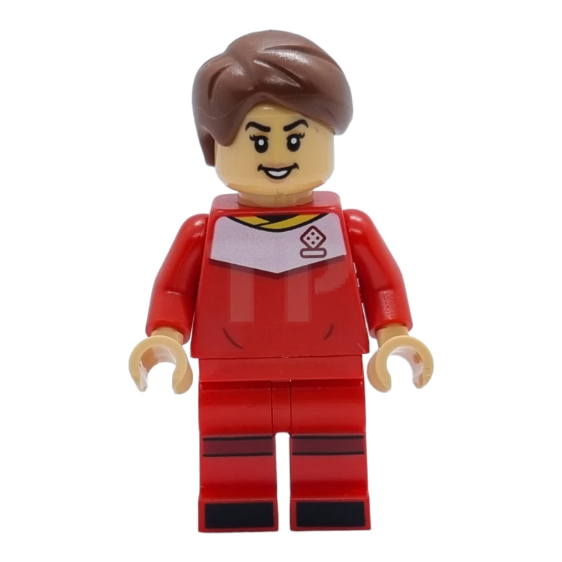 LEGO&reg; idea125 Futbolista, Mujer, Uniforme rojo, Piel morena media, Pelo castaño rojizo con raya lisa