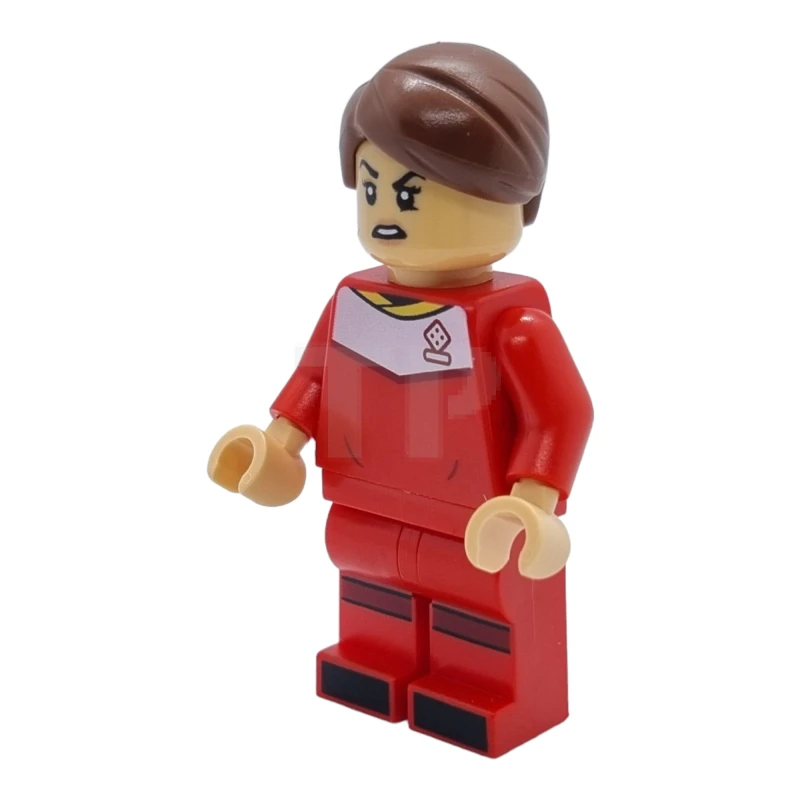 LEGO&reg; idea125 Futbolista, Mujer, Uniforme rojo, Piel morena media, Pelo castaño rojizo con raya lisa
