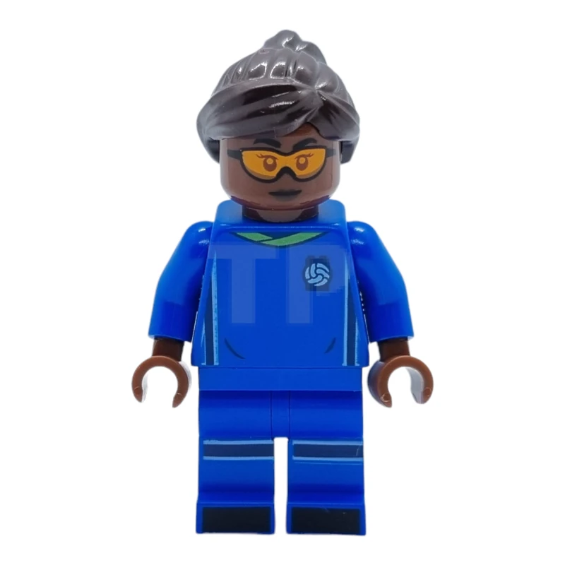 LEGO&reg; idea138 Giocatrice di calcio, femmina, uniforme blu, pelle bruno-rossa, capelli castano scuro, occhiali arancioni