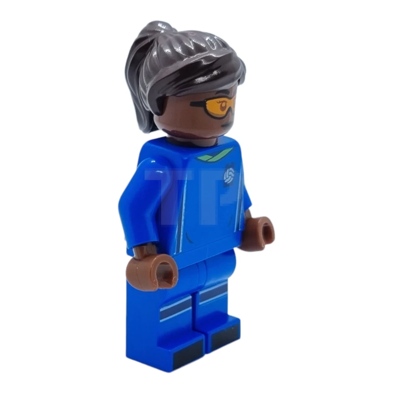 LEGO&reg; idea138 Giocatrice di calcio, femmina, uniforme blu, pelle bruno-rossa, capelli castano scuro, occhiali arancioni
