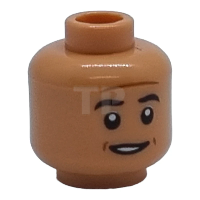LEGO&reg; 6403647 - 3626cpb3124 - Minifigure, Head Dual Sided Black Eyebrows, Reddish Brown Contour Lines, Raised Eyebrow Left / Slight Open Mouth Grin with Teeth Pattern - Hollow Stud