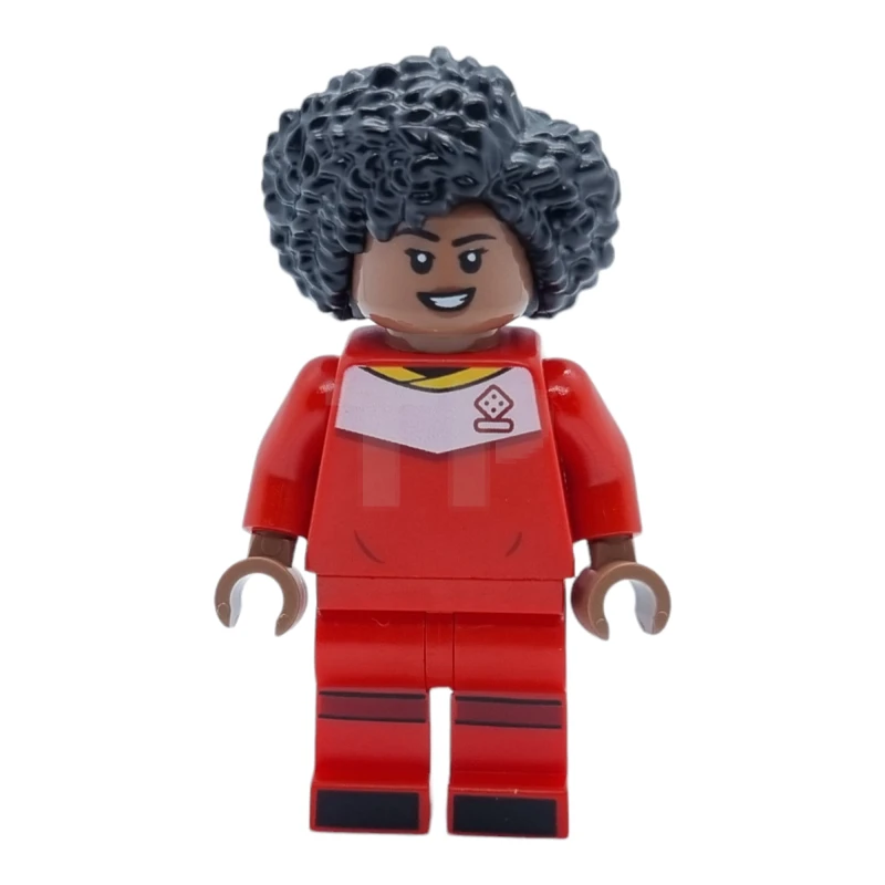 LEGO&reg; idea129 Futbolista, Mujer, Uniforme rojo, Piel morena media, Pelo negro alborotado