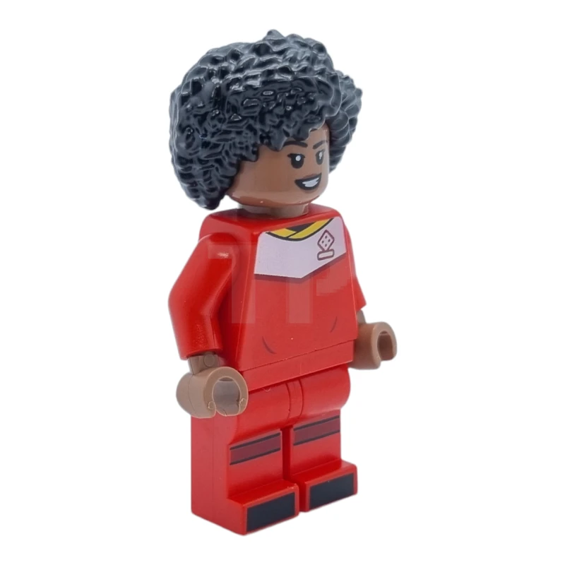 LEGO&reg; idea129 Futbolista, Mujer, Uniforme rojo, Piel morena media, Pelo negro alborotado