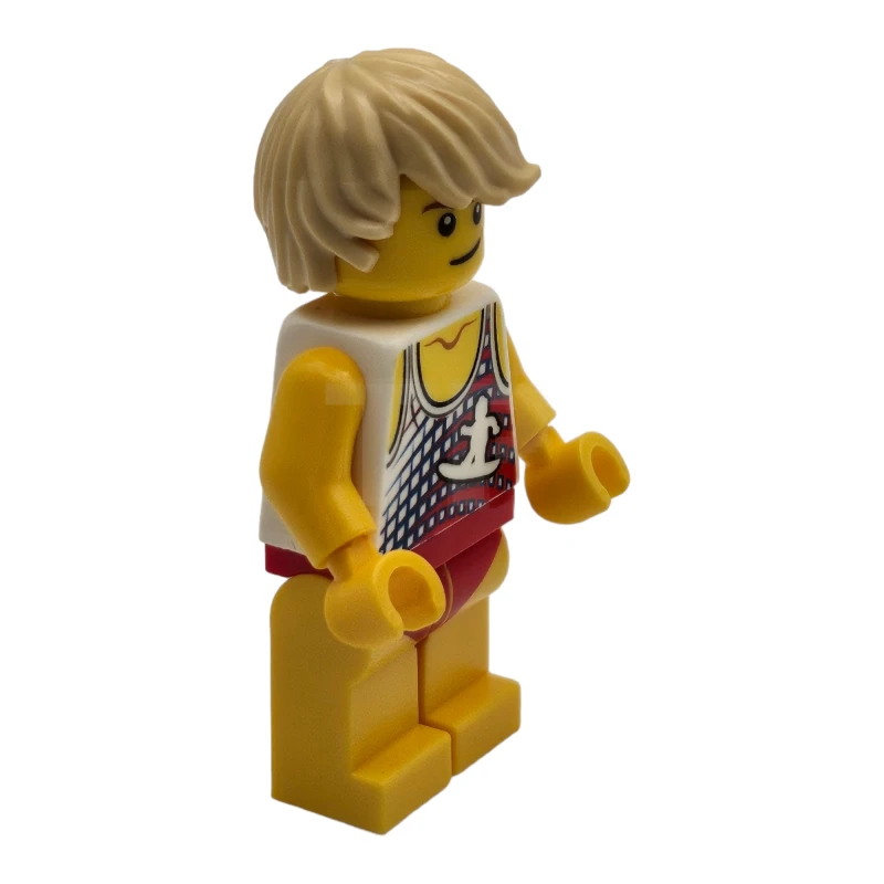 LEGO&reg; twn353 Male with Tan Hair, Tank Top with White Surfer Logo, Red Swimsuit (Ludo Yellow)