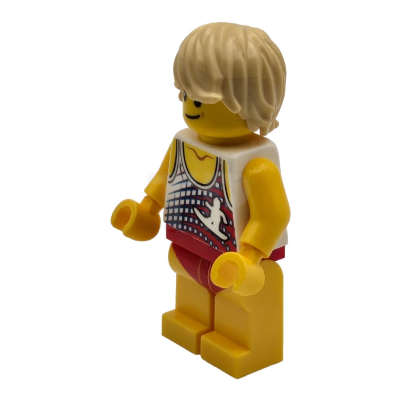 LEGO&reg; twn353 Male with Tan Hair, Tank Top with White Surfer Logo, Red Swimsuit (Ludo Yellow)