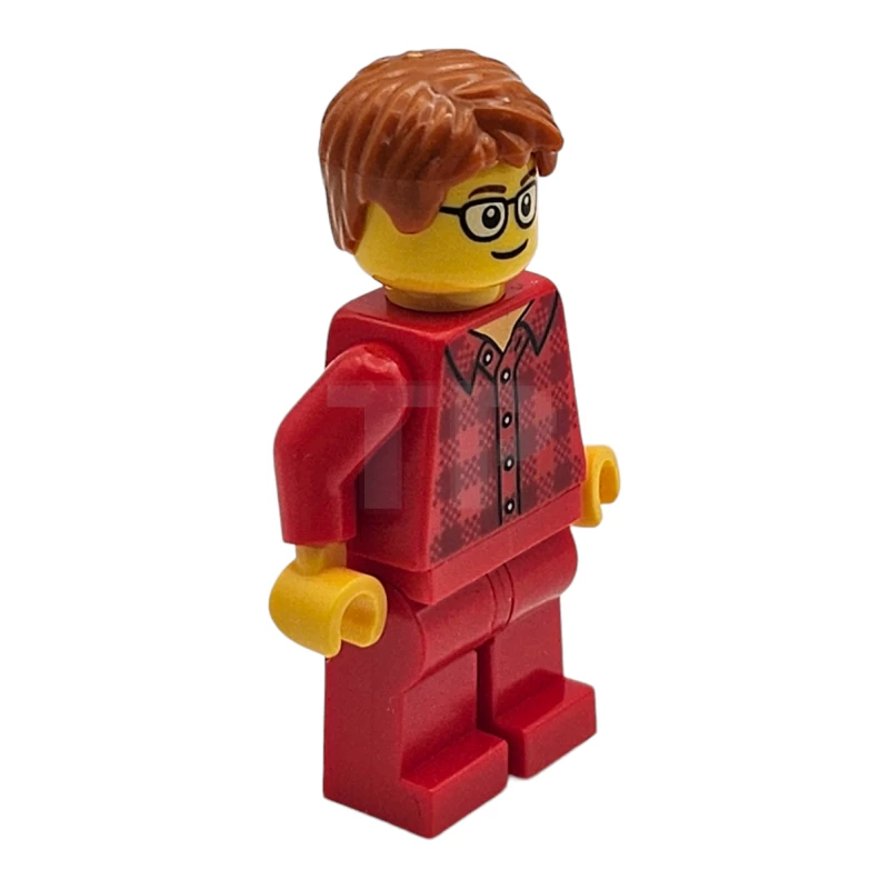 LEGO&reg; twn355 Homme aux cheveux orange foncé, lunettes, chemise en flanelle rouge, jambes rouges (Ludo Red)