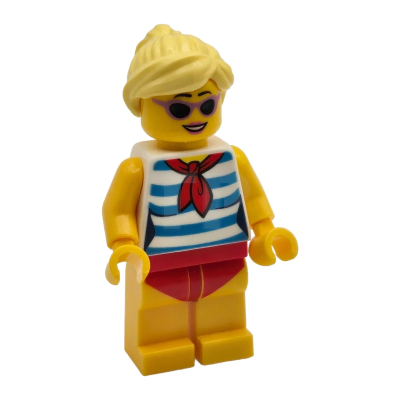 LEGO&reg; twn352 Femme aux cheveux blonds, lunettes de soleil lavande moyennes, écharpe rouge, chemise rayée bleue, maillot de bain rouge (Ludo Yellow).