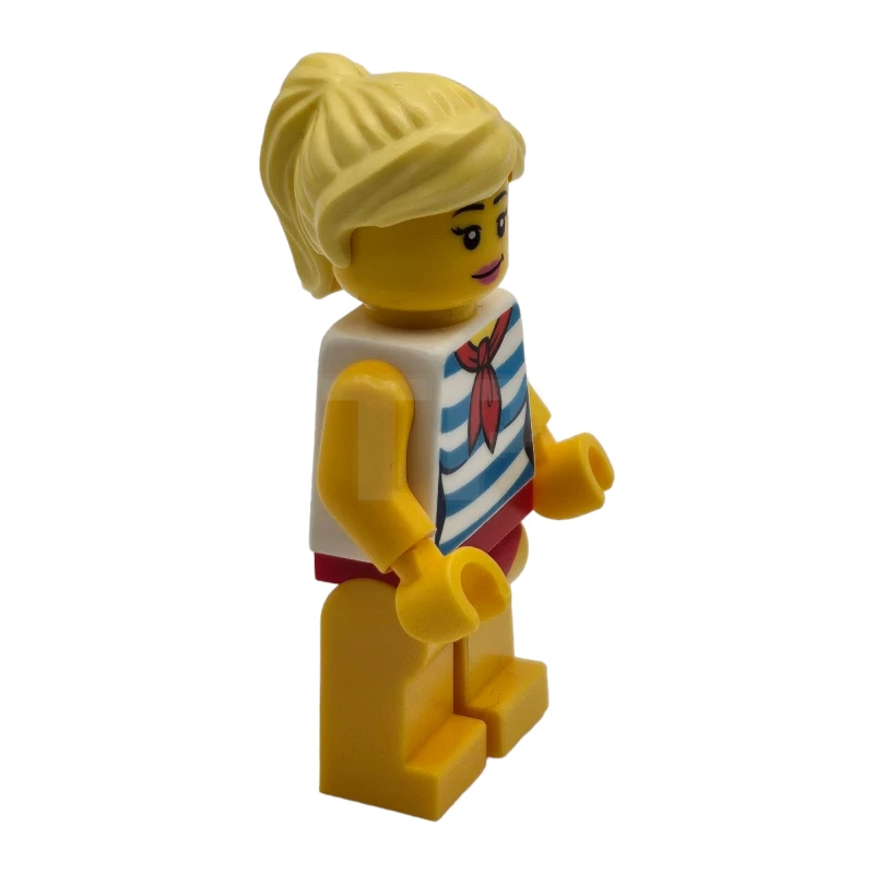 LEGO&reg; twn352 Femme aux cheveux blonds, lunettes de soleil lavande moyennes, écharpe rouge, chemise rayée bleue, maillot de bain rouge (Ludo Yellow).