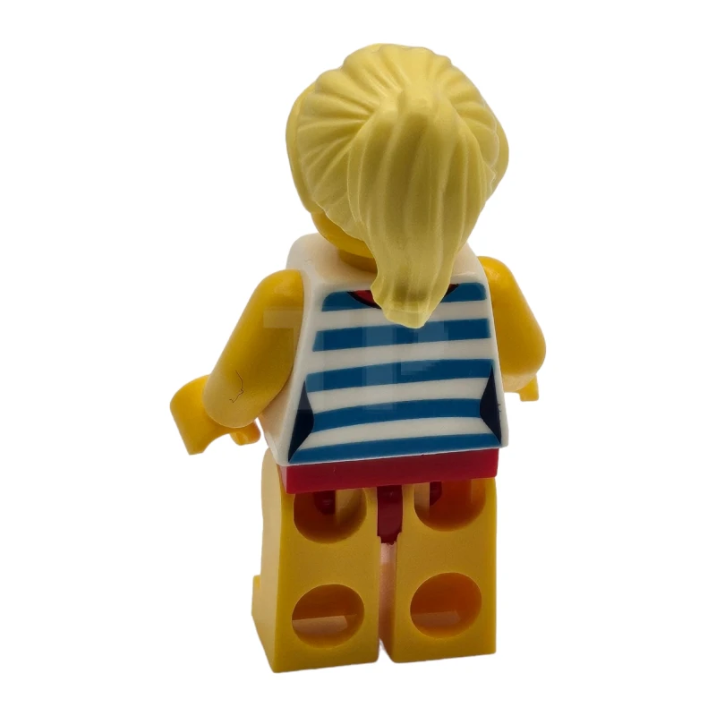 LEGO&reg; twn352 Femme aux cheveux blonds, lunettes de soleil lavande moyennes, écharpe rouge, chemise rayée bleue, maillot de bain rouge (Ludo Yellow).