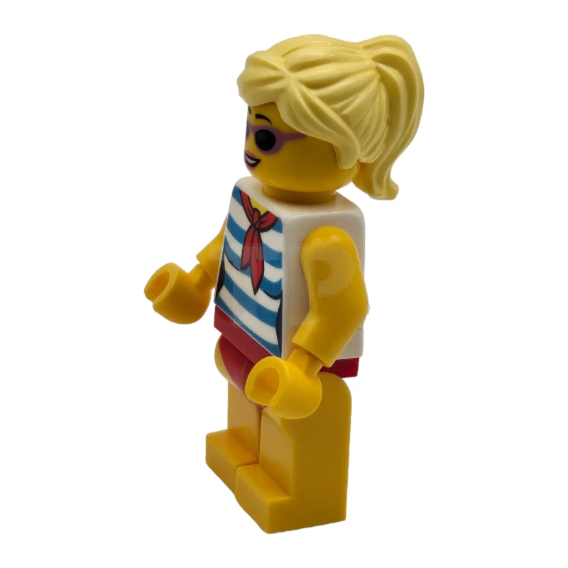 LEGO&reg; twn352 Femme aux cheveux blonds, lunettes de soleil lavande moyennes, écharpe rouge, chemise rayée bleue, maillot de bain rouge (Ludo Yellow).