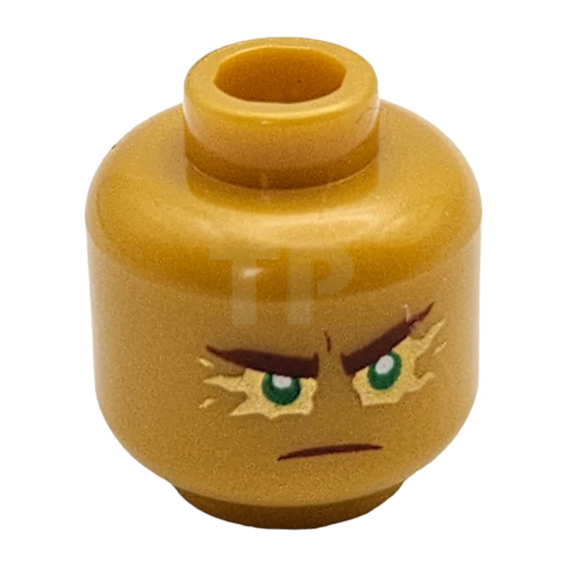 LEGO&reg; 6250321 - 3626cpb2290 - Minifigure, Head Dual Sided Reddish Brown Eyebrows and Mouth, Green Eyes with Gold Energy Effect, Frown / Fierce Outburst Pattern - Hollow Stud