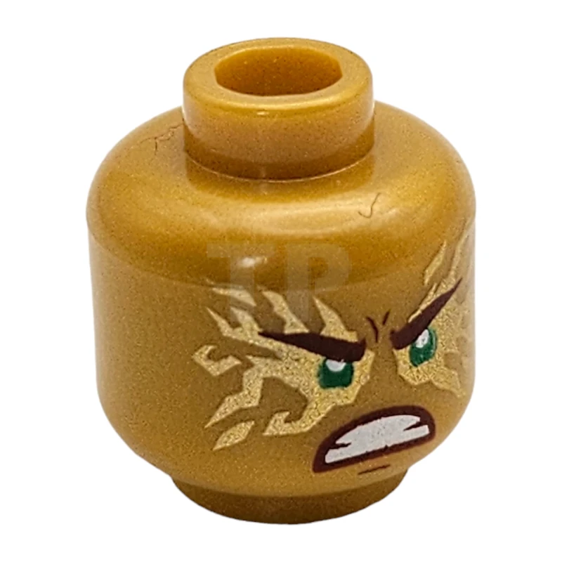 LEGO&reg; 6250321 - 3626cpb2290 - Minifigure, Head Dual Sided Reddish Brown Eyebrows and Mouth, Green Eyes with Gold Energy Effect, Frown / Fierce Outburst Pattern - Hollow Stud