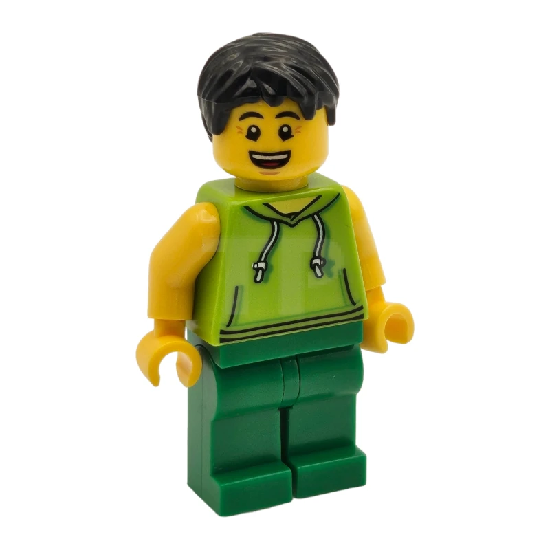 LEGO&reg; twn351 Homme avec des cheveux noirs, un sweat à capuche sans manches de couleur verte et des jambes vertes (Ludo Green).