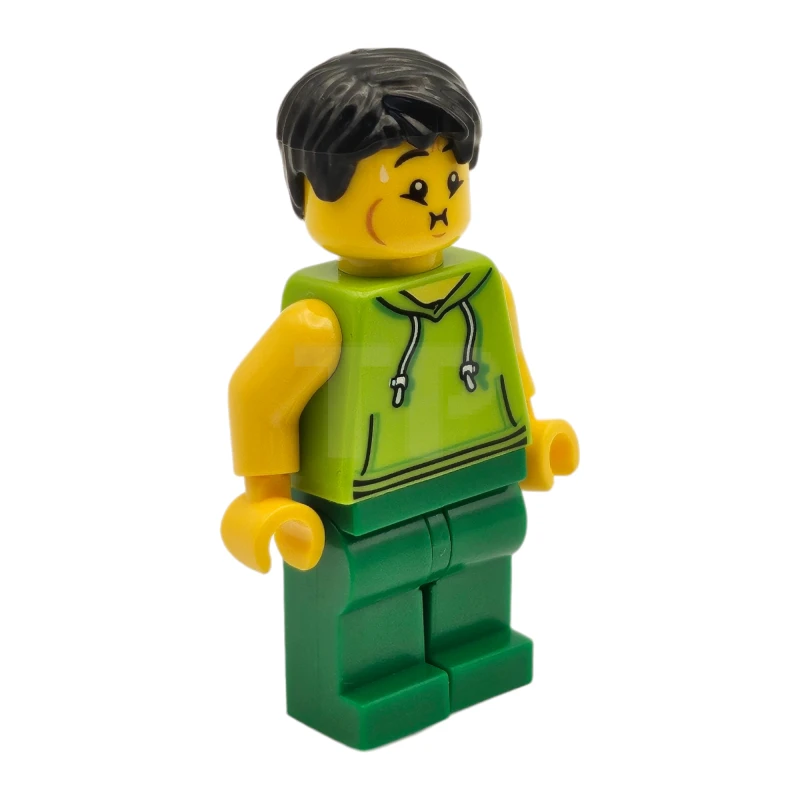 LEGO&reg; twn351 Homme avec des cheveux noirs, un sweat à capuche sans manches de couleur verte et des jambes vertes (Ludo Green).