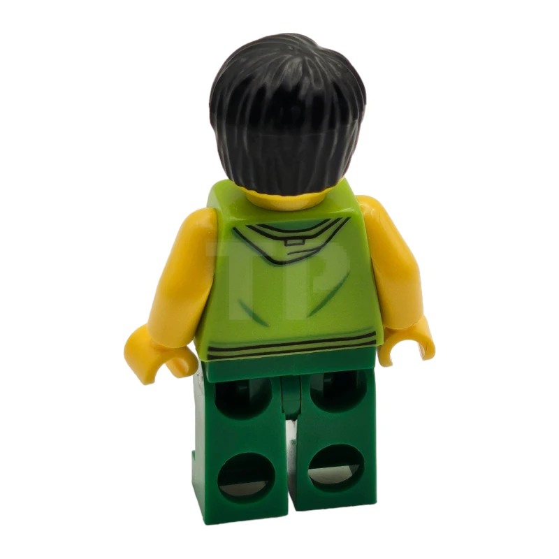 LEGO&reg; twn351 Homme avec des cheveux noirs, un sweat à capuche sans manches de couleur verte et des jambes vertes (Ludo Green).