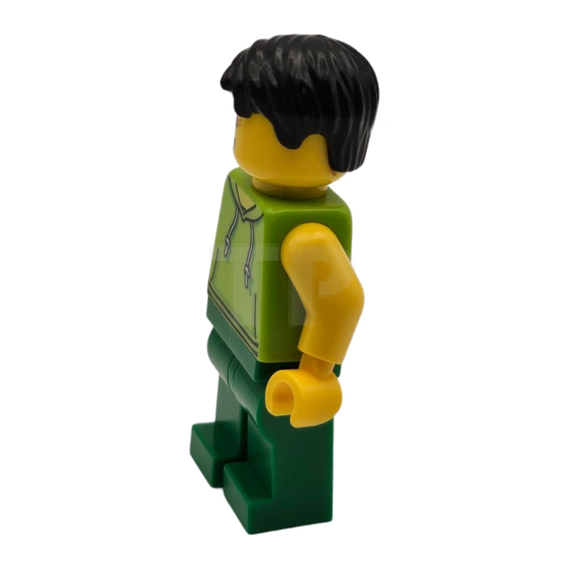 LEGO&reg; twn351 Homme avec des cheveux noirs, un sweat à capuche sans manches de couleur verte et des jambes vertes (Ludo Green).