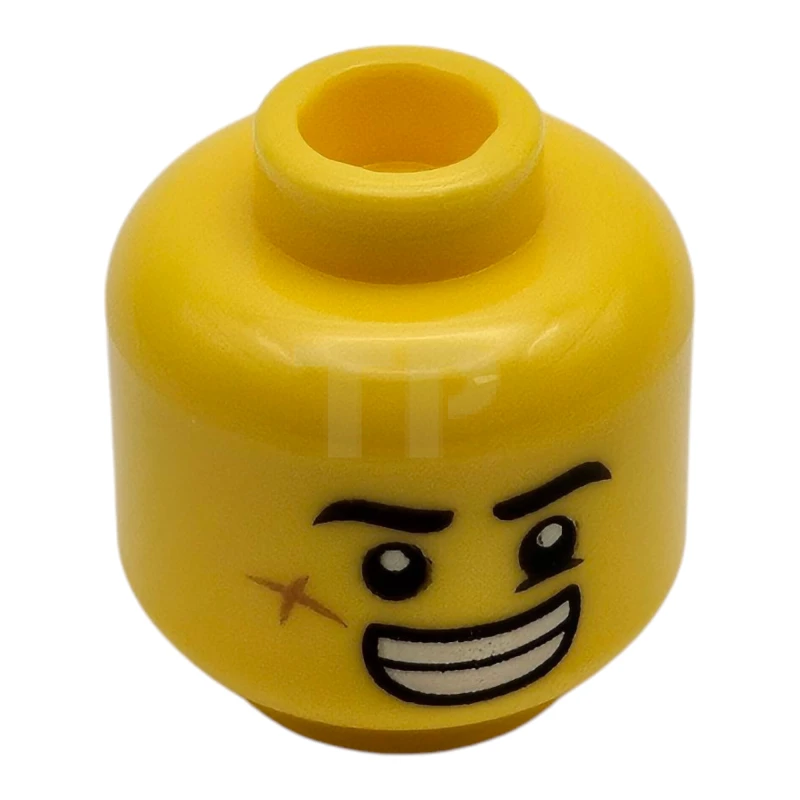 LEGO&reg; 6271138 - 3626cpb2441 - Minifigure, Head Dual Sided Black Eyebrows, Cheek Scar, Large Smile with Teeth / Grumpy Pattern - Hollow Stud