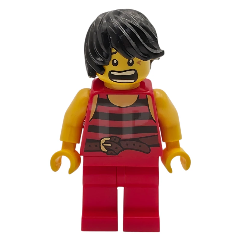 LEGO&reg; pi168a Pirate 7 - Black and Red Stripes, Red Legs, Scared, Brown Crow's Feet