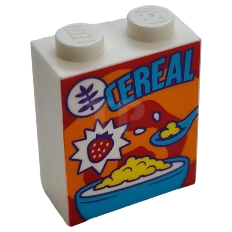 LEGO&reg; 6426433 - 3245cpb237 - Brick 1 x 2 x 2 with Inside Stud Holder with Medium Azure 'CEREAL', Spoon, and Bowl, Strawberry on Orange and Red Swirl Background Pattern