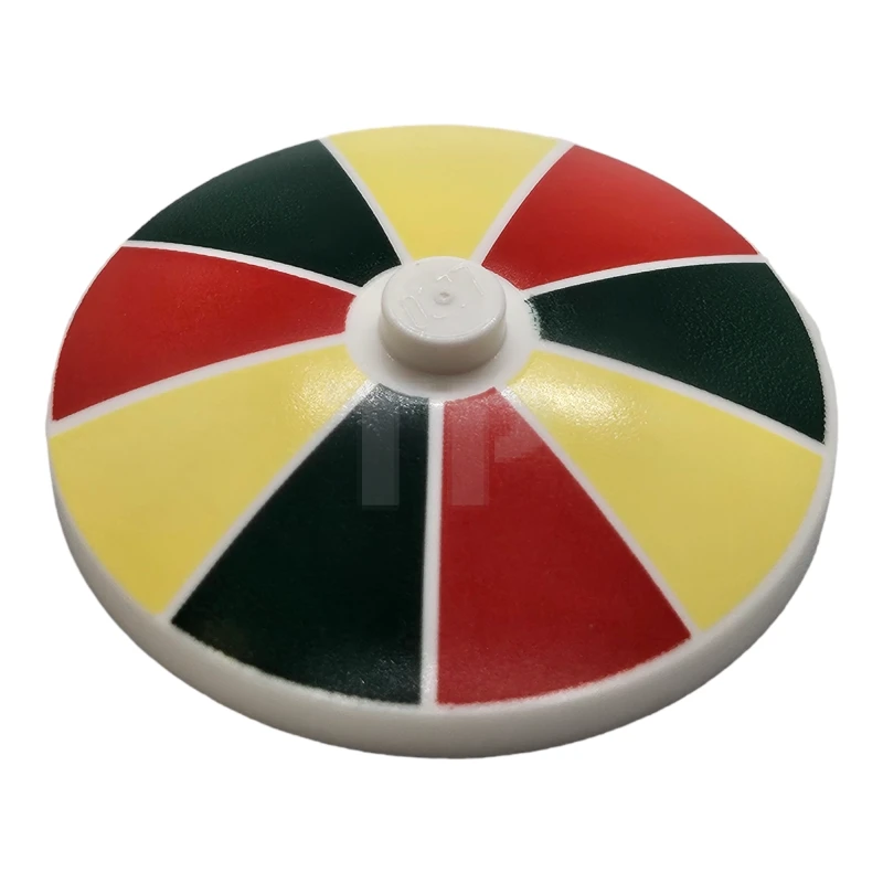 LEGO&reg; 6422003 - 3960pb072 - Dish 4 x 4 Inverted (Radar) with Solid Stud with Dark Green, Red, and Bright Light Yellow Stripes Pattern