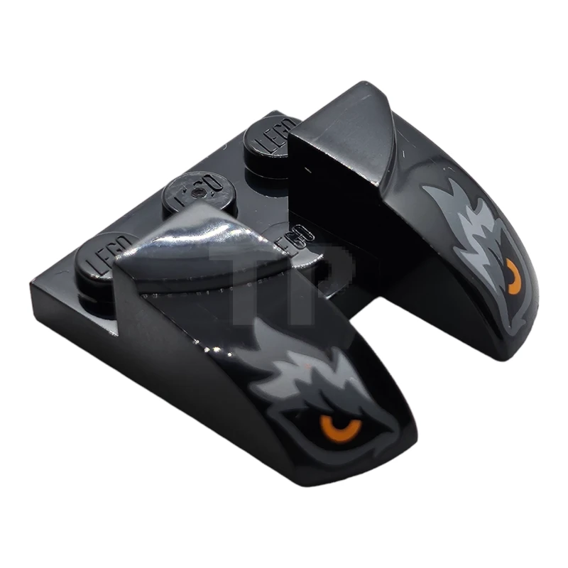 LEGO&reg; 6434495 - 3220pb02 - Wedge 3 x 3 Curved with Cutout with Orange Wolf Eyes, Dark Bluish Gray and Light Bluish Gray Fur Pattern