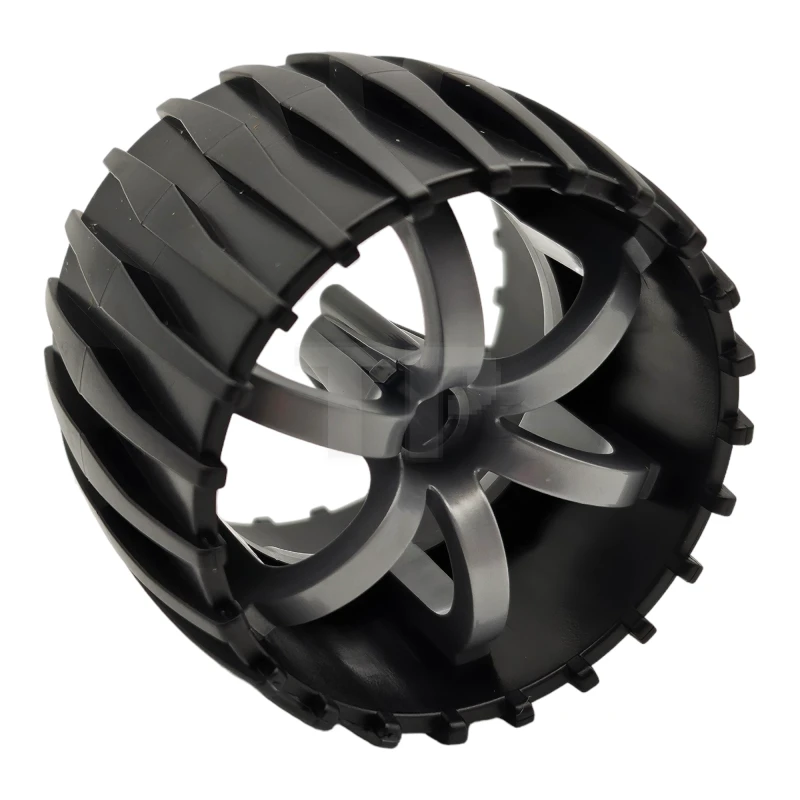 LEGO&reg; 6414501 - 100942pb01 - Wheel Hard Plastic, Treaded 49.5mm D. x 37.5mm with Molded Flat Silver Spokes Pattern