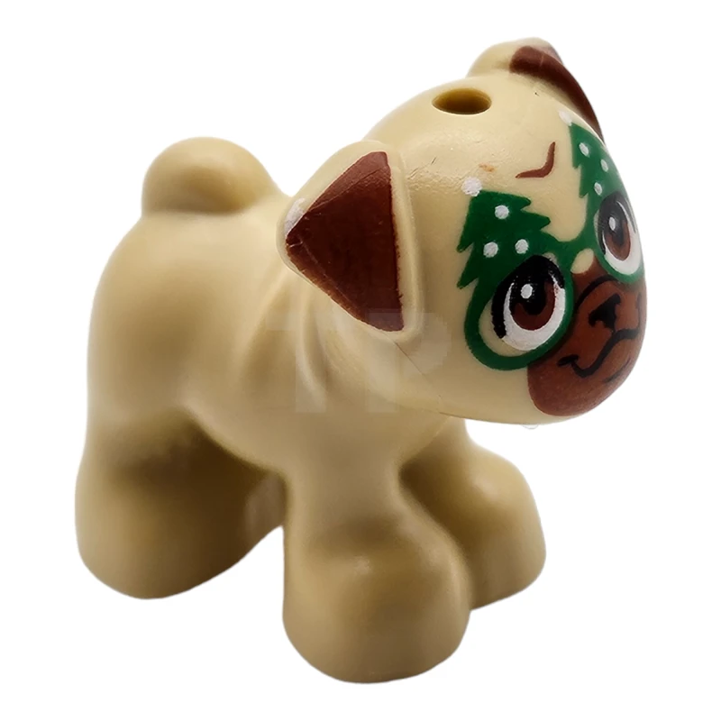 LEGO&reg; 6435167 - 24111pb06 - Dog, Friends, Pug, Standing with Reddish Brown Muzzled Face, Ears and Eyes, Black Nose, Mouth and Eyelashes and Green and White Christmas Tree Glasses Pattern