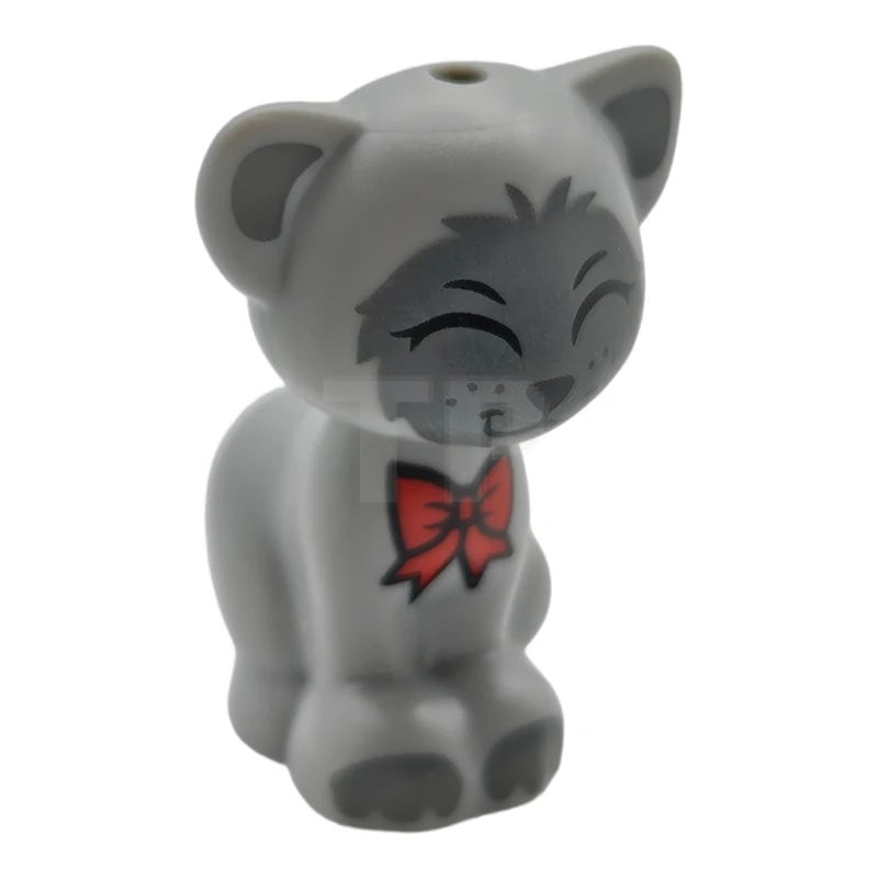 LEGO&reg; 6416655 - 11602pb14 - Cat, Friends / Elves, Sitting with Red Bow, Black Nose and Closed Eyes, Dark Bluish Gray Ears, and Patches Pattern (Gertrude)