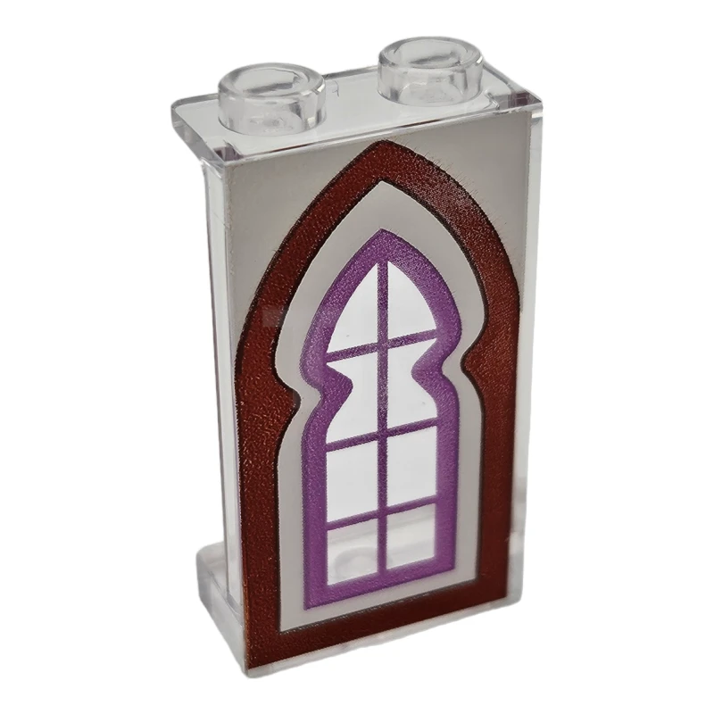 LEGO&reg; 6509037 - 87544pb102 - Panel 1 x 2 x 3 with Side Supports - Hollow Studs with Reddish Brown Arched Window with Medium Lavender Lattice on White Background Pattern