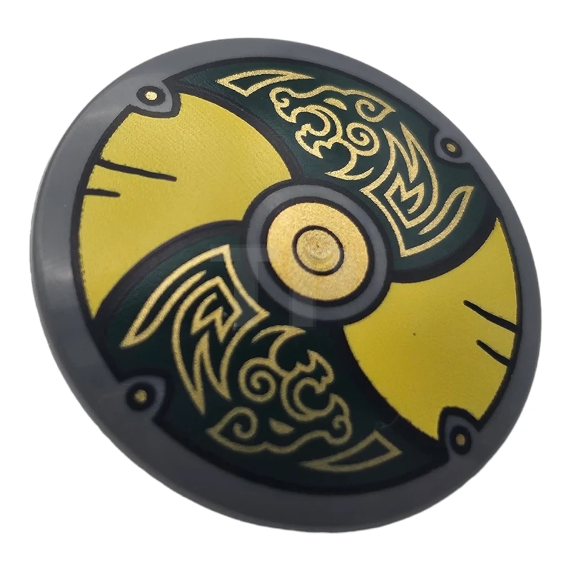 LEGO&reg; 6449632 - 75902pb29 - Minifigura, Escudo Cara Circular Convexa con Paneles Alternados Amarillo y Verde Oscuro con Círculo Central Dorado y Patrón Lobos de Odín