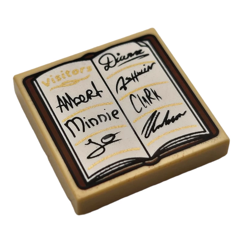 LEGO&reg; 6366172 - 3068pb1887 - Tile 2 x 2 with Groove with Guest Book, 'Visitors', Signatures 'Albert Minnie Jo Diana Clark', and Reddish Brown Cover Pattern