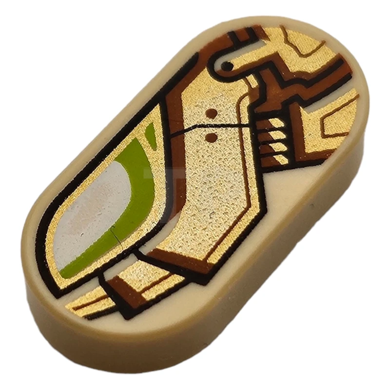 LEGO&reg; 6433541 - 1126pb003L - Tile, Round 1 x 2 Oval with White and Lime Eye, Gold and Reddish Brown Mechanical Armor Plates Pattern Model Left Side