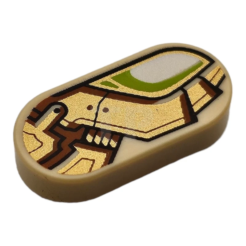 LEGO&reg; 6433542 - 1126pb003R - Tile, Round 1 x 2 Oval with White and Lime Eye, Gold and Reddish Brown Mechanical Armor Plates Pattern Model Right Side