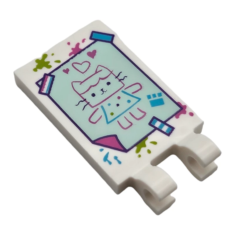 LEGO&reg; 6446143 - 30350bpb166 - Tile, Modified 2 x 3 with 2 Open O Clips with Light Aqua Cat Picture with Hearts, Tape and Dark Pink, Lime and Medium Azure Paint Splotches Pattern