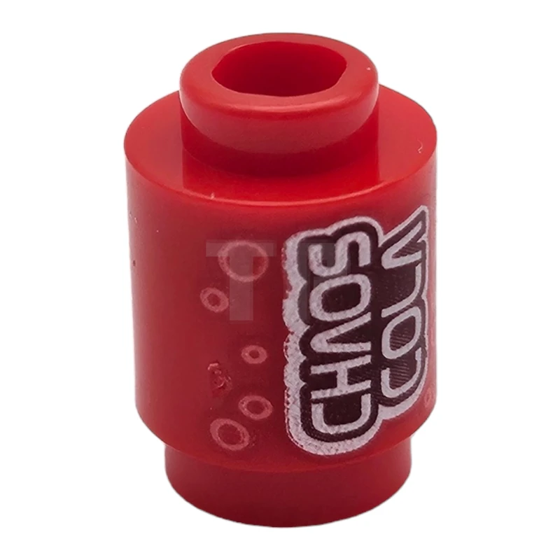 LEGO&reg; 6452585 - 3062pb078 - Brick, Round 1 x 1 Open Stud with Stylized White 'CHAOS COLA' on Dark Red Background and Bright Pink Circles Pattern