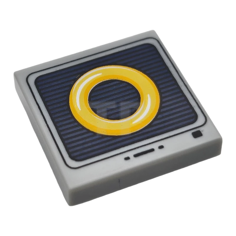 LEGO&reg; 6443152 - 11203pb102 - Tile, Modified 2 x 2 Inverted with Yellow Ring on Black and Dark Blue Striped Screen with Buttons Pattern