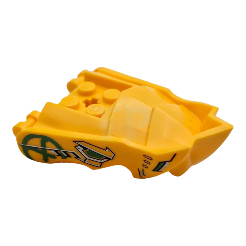 LEGO&reg; 6434496 - 80017pb02 - Dragon Head (Ninjago) Jaw with Small Spikes and 2 Bar Handles on Back with Green Eyes and Nostrils with Black and Silver Trim, Ninjago Logogram Letter A in Circle Pattern